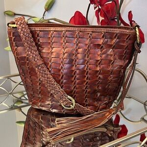 Patricia Nash Valbella Woven Leather Crossbody Bag - Tan / Cognac
